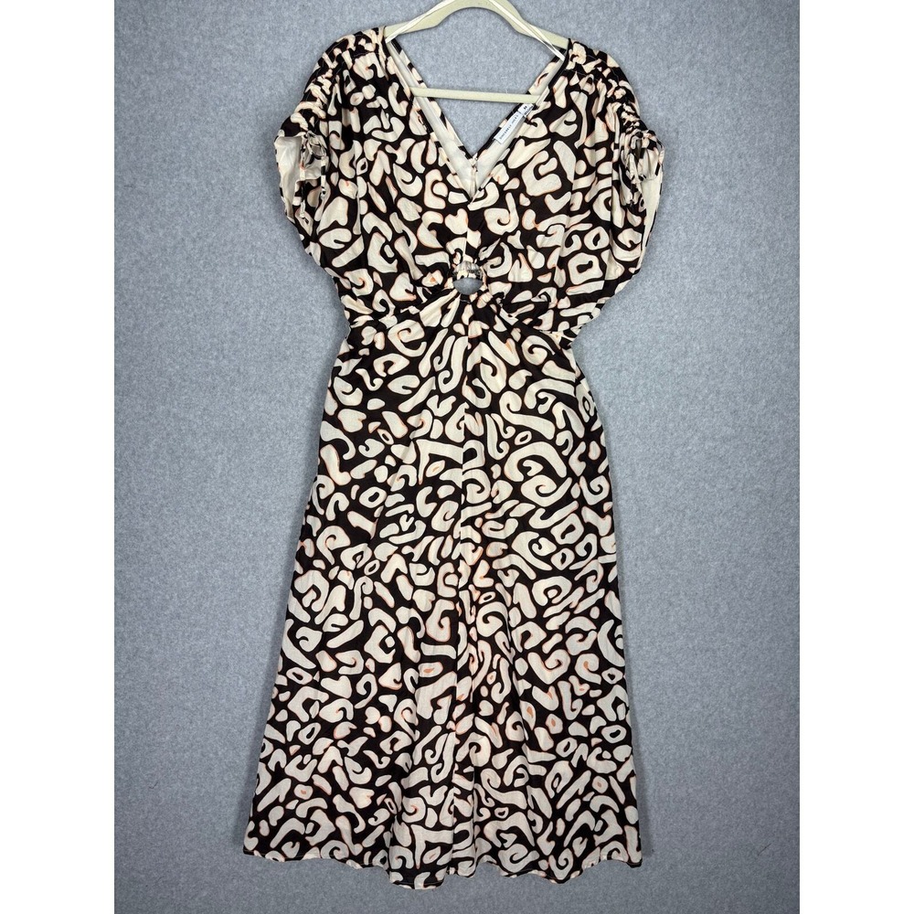 Sincerely Jules Midi Dress‎ Medium Brown Cream Ruched Abstract Swirl Artsy Vaca